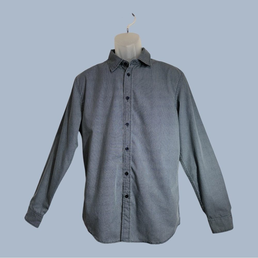 Sovereign Code Long Sleeve Fine Print Button Down Dress Shirt Blue Pattern Med
